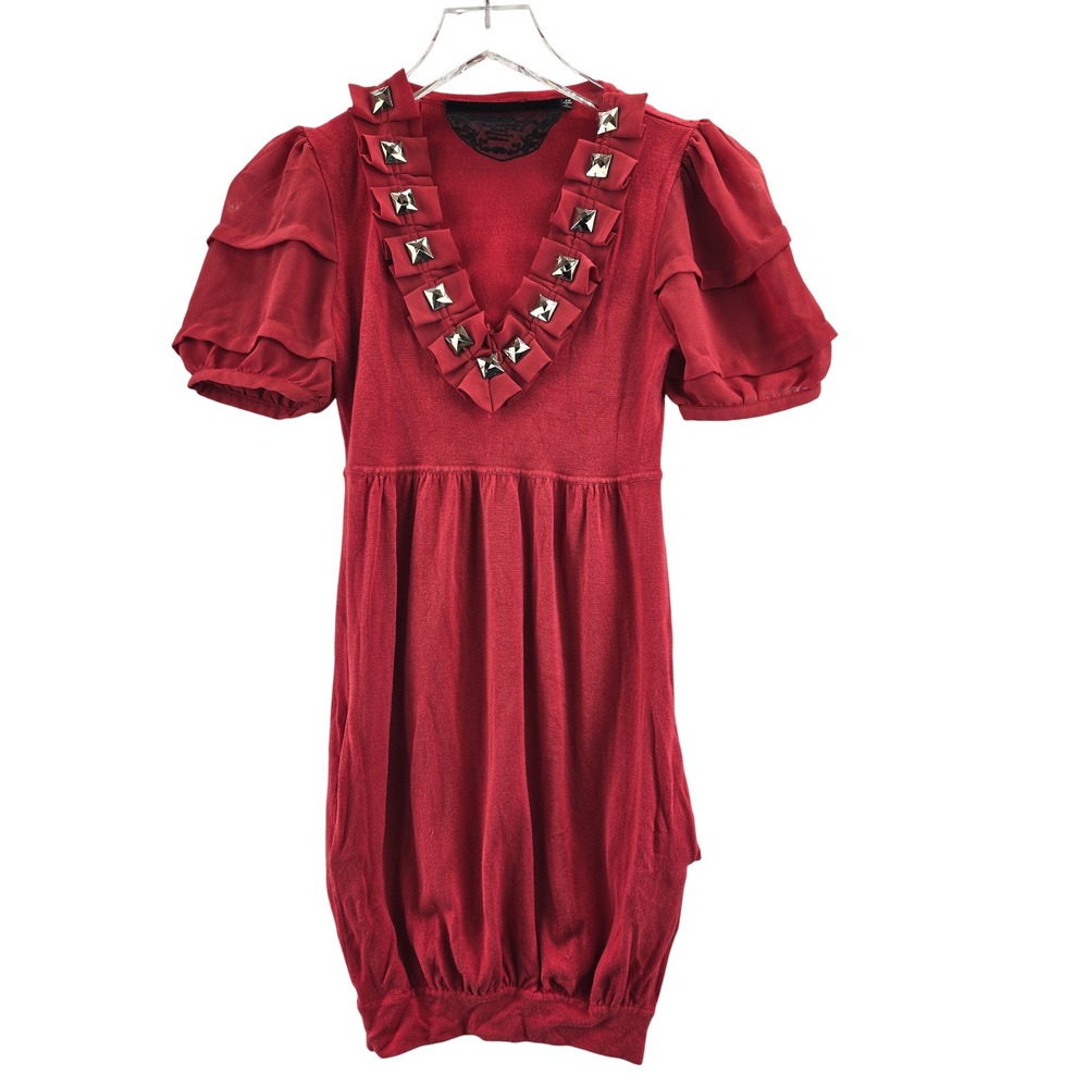 Y2K Couture Red Studded Ruffle V-Neck Knit Mini Dress XS Silver Pyramid Studs